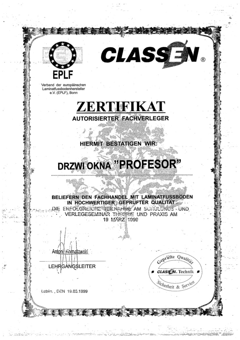 Certyfikat firmy Classen 1999 rok